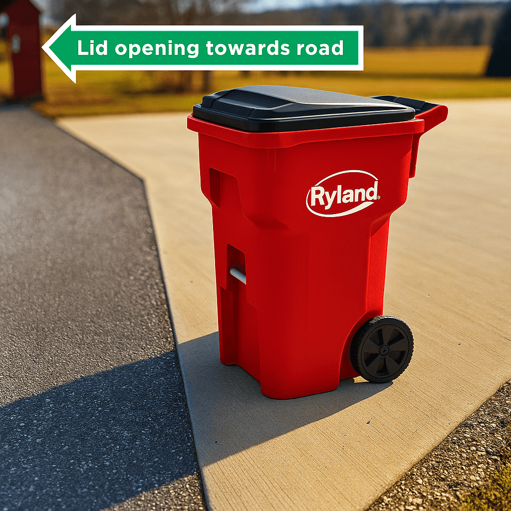 Diagram showing proper cart placement at curb - wheels against curb, lid facing street, 3 feet from obstacles