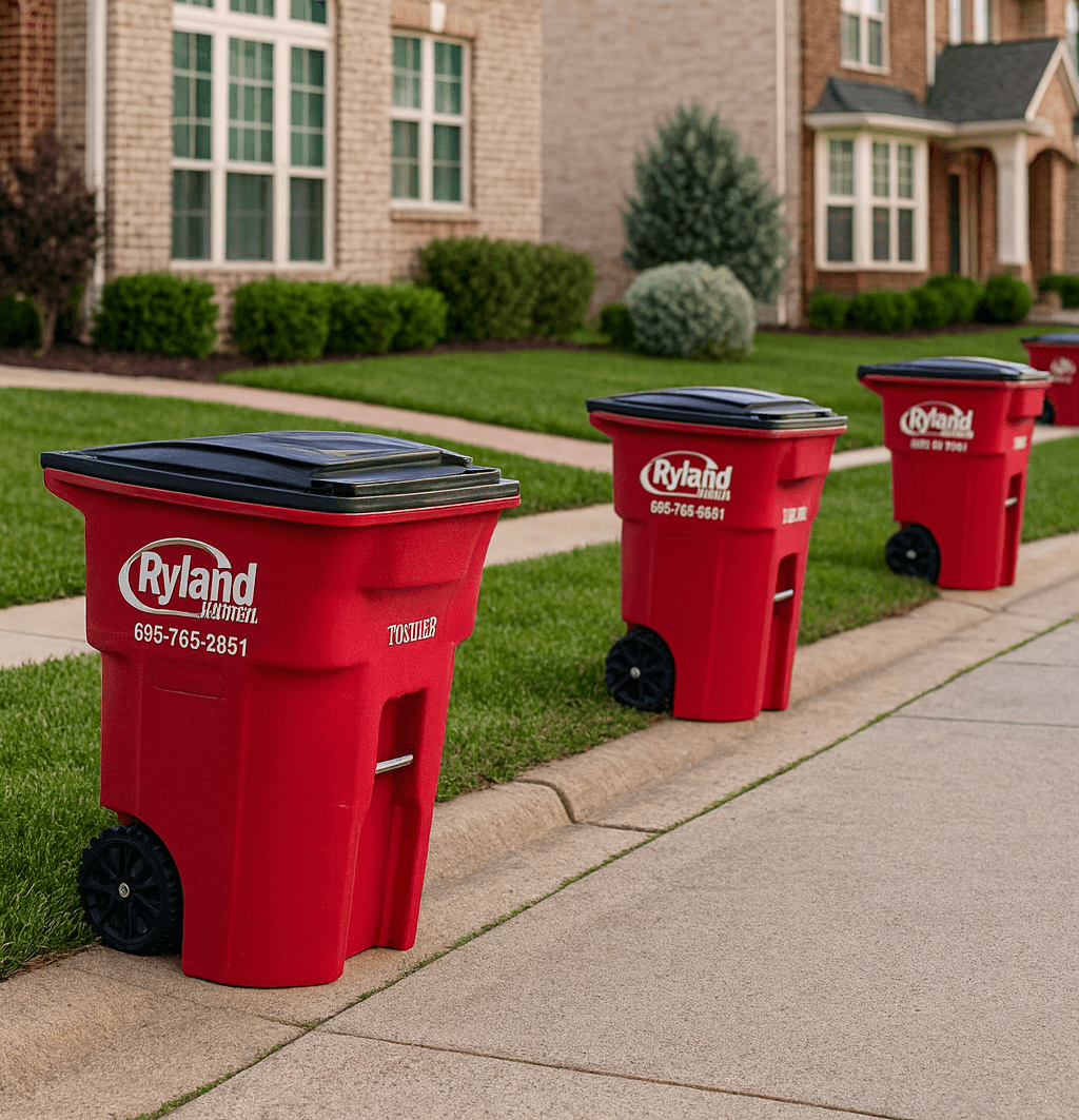 Ryland Environmental residential trash carts lined up for pickup in a Georgia neighborhood