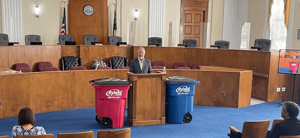 Ryland Environmental trash and recycling cans featured at a city council meeting